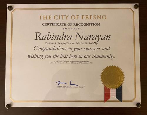 The City of Fresno Certificate of Recognition